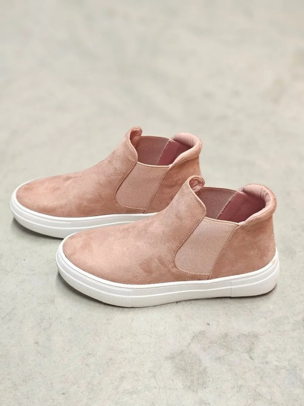 Blush Nubuck Slip-On Platform Sneakers With Elastic Side Panels & White Soles Fo - Picture 2 of 14